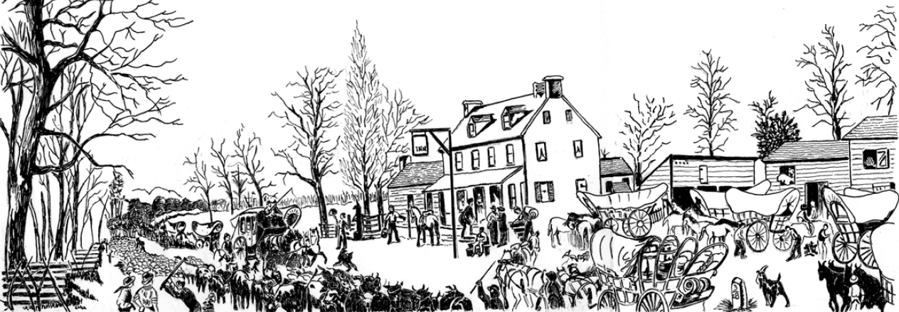 Sketch of traffic on the National Road with tavern in the background