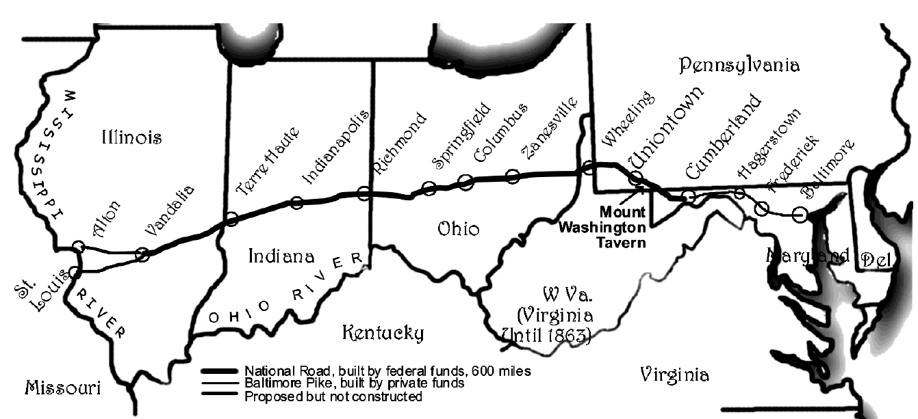 map of the National Road from Maryland to Illinois