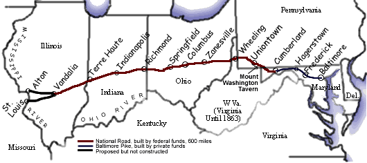 Map of the historic National Road showing the route from Cumberland, in western Maryland, to Vandalia, in southern Illinois