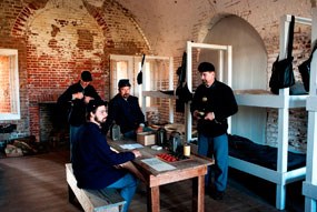 Living history volunteers pose as the Union garrison at Fort Pulaski.