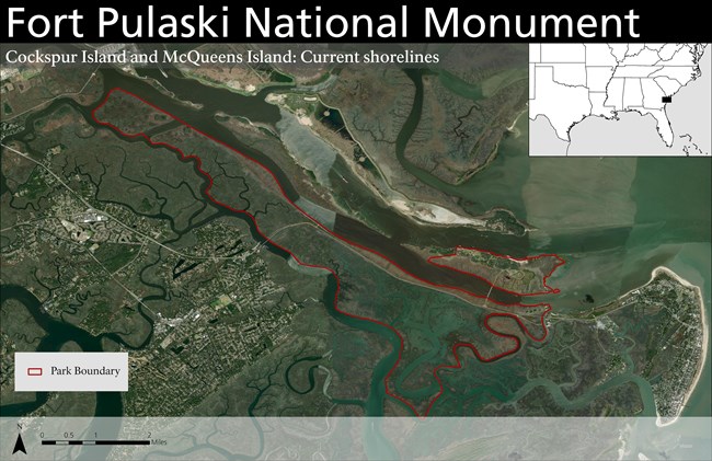 Map showing the boundaries of Fort Pulaski National Monument including Cockspur Island and McQueens Island.