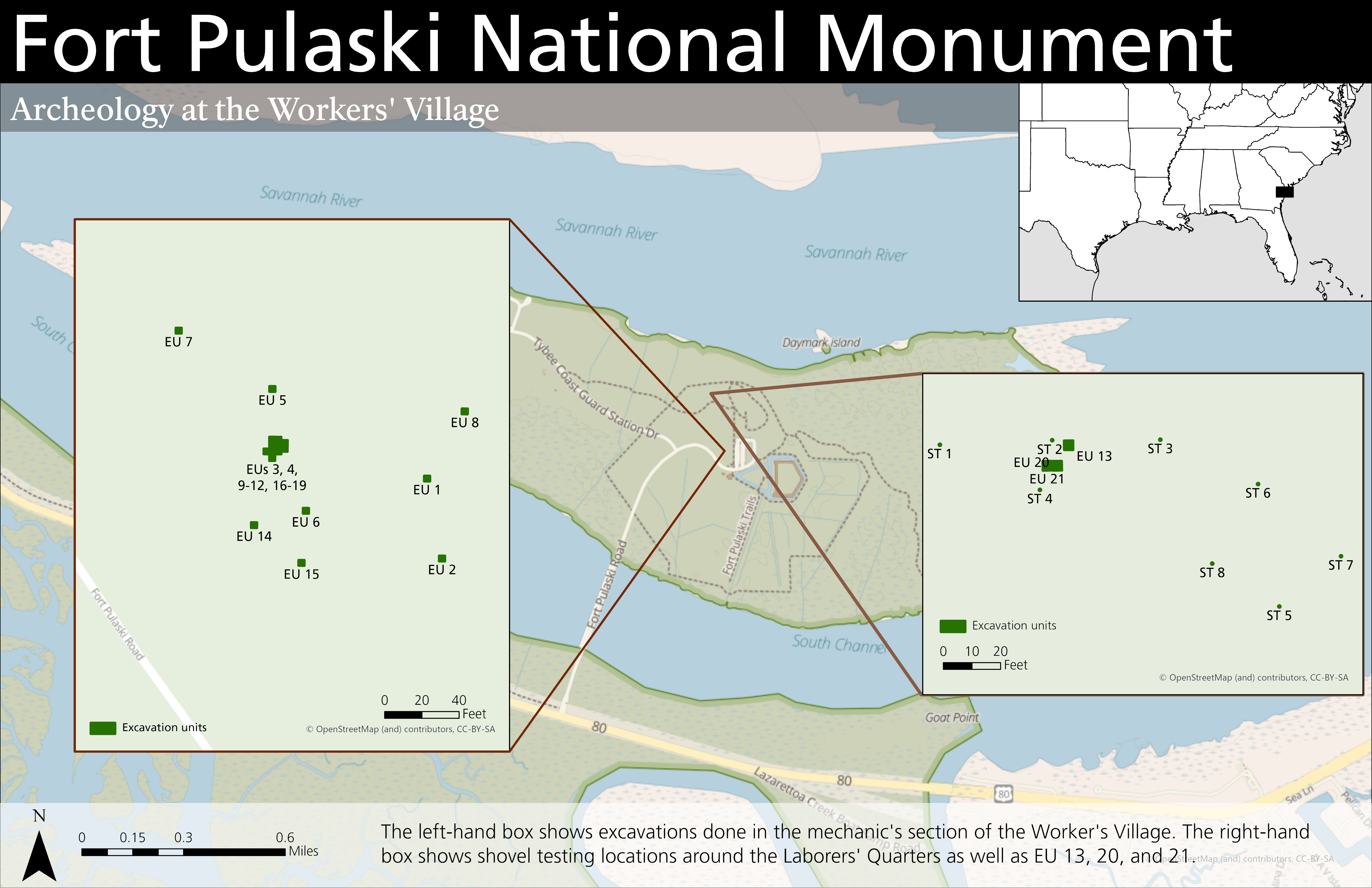 Map showing excavation areas clustered northwest of the fort and along the north shore.