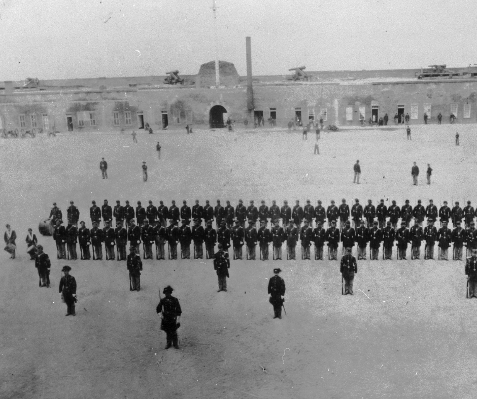 The rumors ended up being true; the 48th New York would garrison the fort for almost a year. Unknown company of the 48th New York standing in two neat rows on the parade of Fort Pulaski.