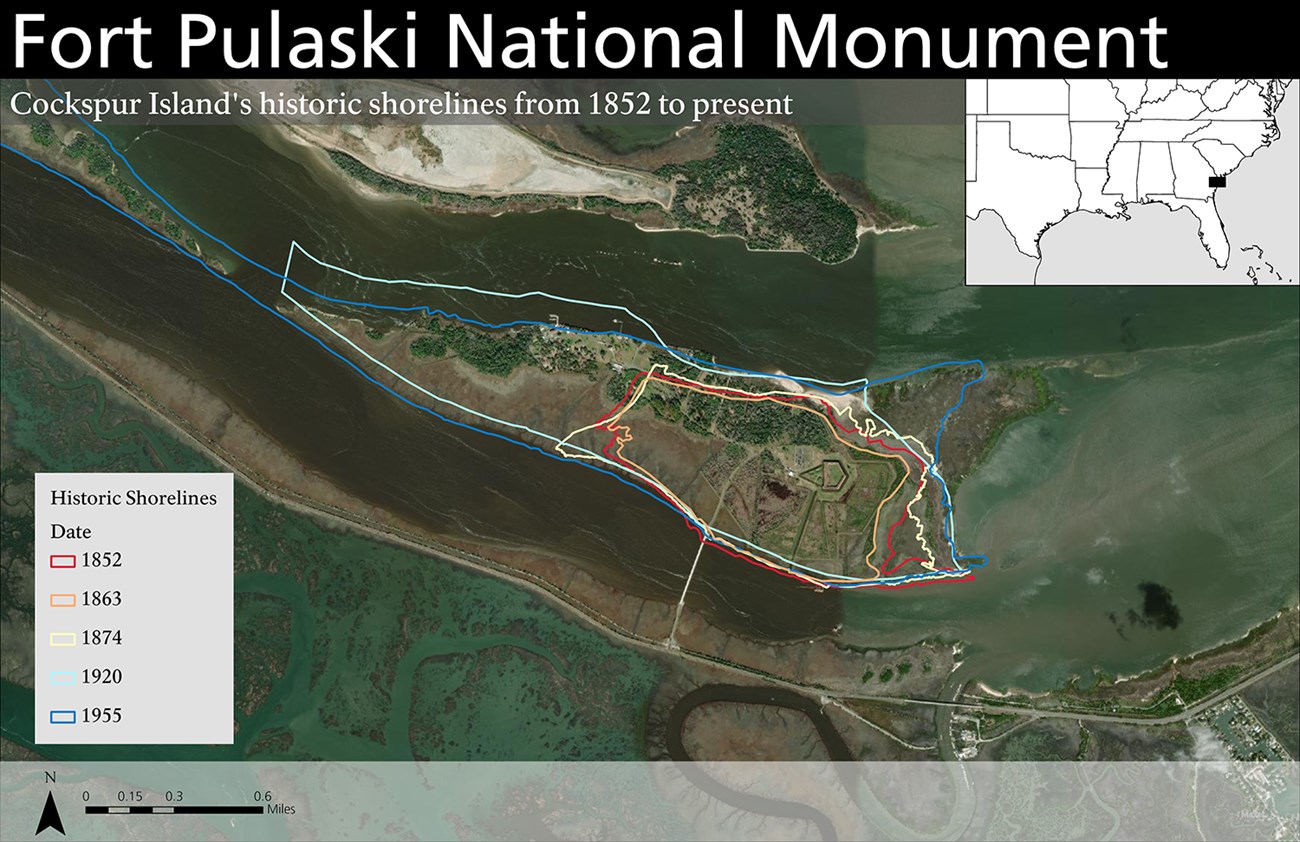 Map with the locations of historic shorelines showing how Cockspur Island has expanded over time.