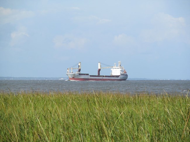 A large white and red ship heads toward Savannah via the river's North channel on a blue, sunny day with few clouds. The green, grassy marsh can be seen in the foreground.