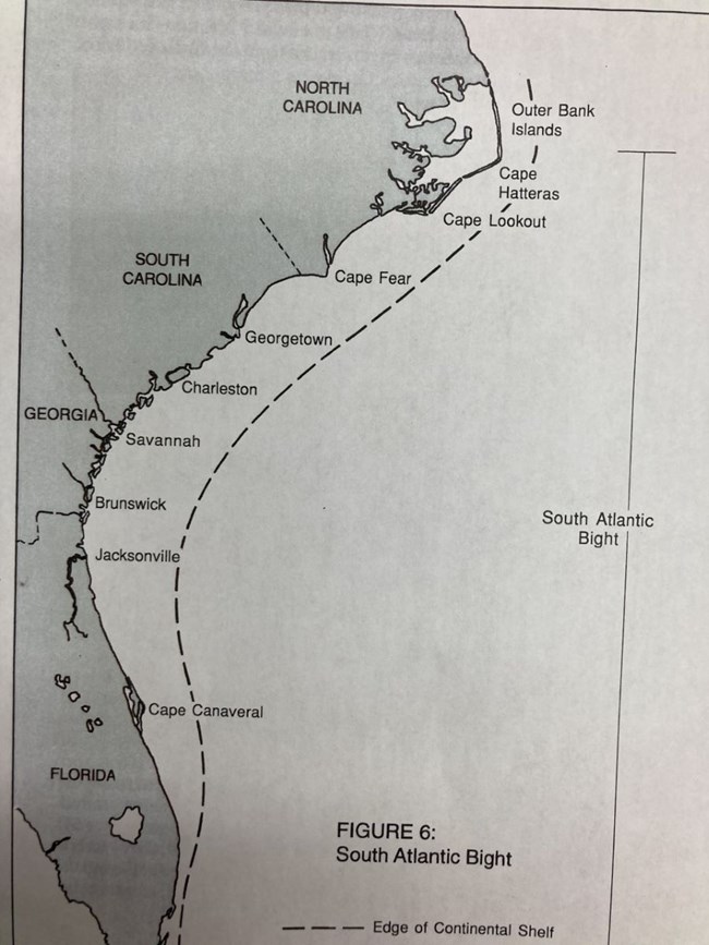 A map shows the Southeastern US Atlantic coast from North Carolina to Florida with the continental shelf outlined offshore to highlight the South Atlantic Bight
