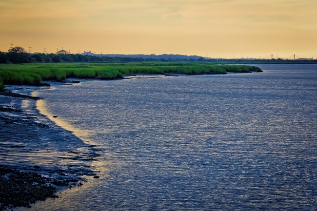 The South channel of the Savannah River borders the grassy, muddy marsh with an orange sky in the background.