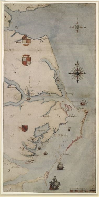 Colored 16th century map of east coast of North America. Blue water, white land, ships.