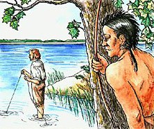 An Indian watches a colonist fishing in the sound