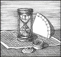 This drawing shows some important navigational tools, including a compass, an hourglass and a quadrant.