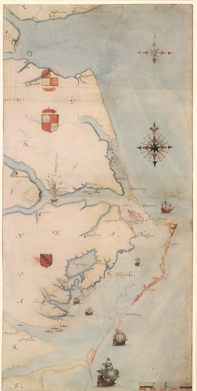 A watercolor map of the coast of North Carolina and Southern Virginia in the 16th Century