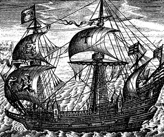 A black and white engraving of a large sailing ship with 2 masts and  2 decks