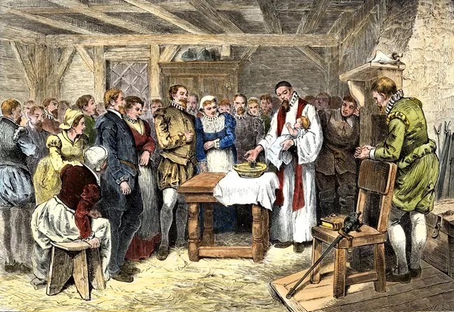 Colorized drawing a 16th century baptism.