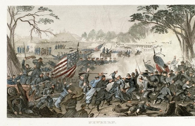 A lithograph of a battle between Union and Confederate forces