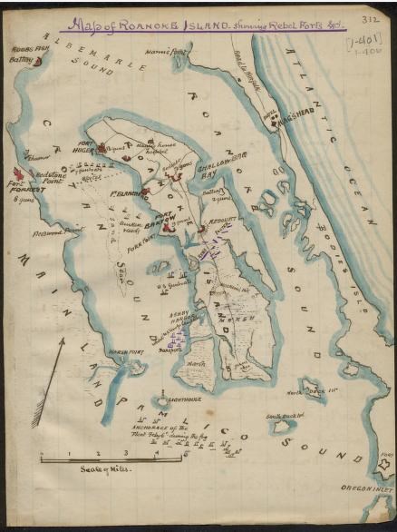 A historic map of Roanoke Island with Confederate Forts and troop movements inscribed on it in color.