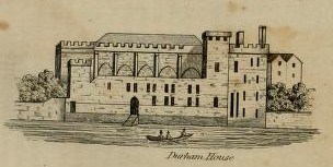 an engraving of a multi-story house on the banks of a river