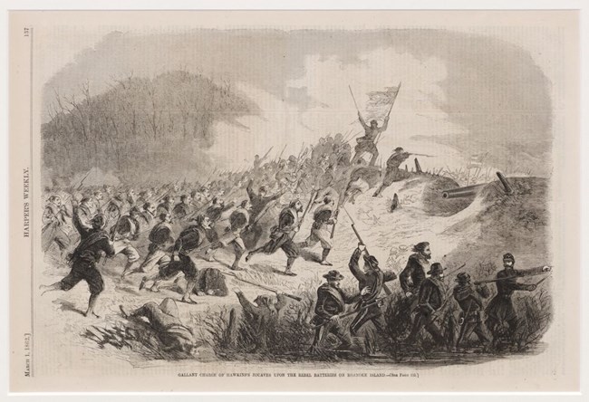 A sketch of soldiers running up a hill in the middle of a battle carrying a U.S. Flag