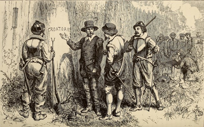 Engraving of 16th century men by trees. One tree is carved with the word CROATOAN.