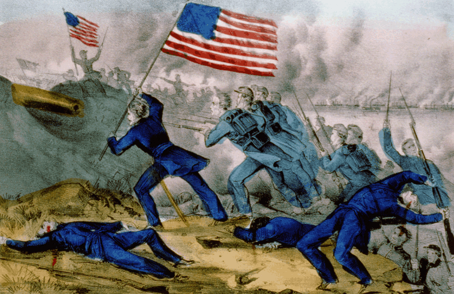 A painting of men in blue, with one carrying the US flag running up a hill against a cannon firing at them