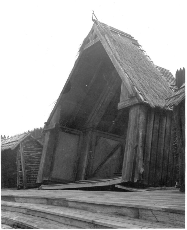 Black and white photo of the chapel in the Waterside Theatre tilted up away from the stage.