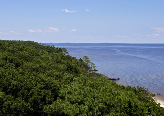 Aerial view of Roanoke Island and Albemarle Sound