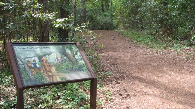 A sign near the entrance of a trail entering into a forest