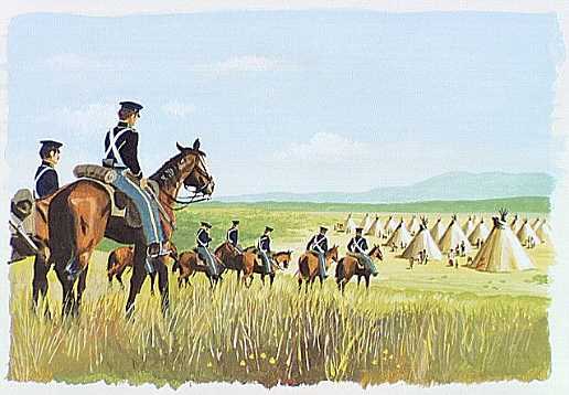 soldiers riding on horseback going toward group of tipis