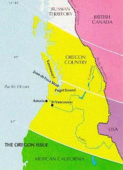 Map showing Oregon territory in yellow spreading across Canada and the US