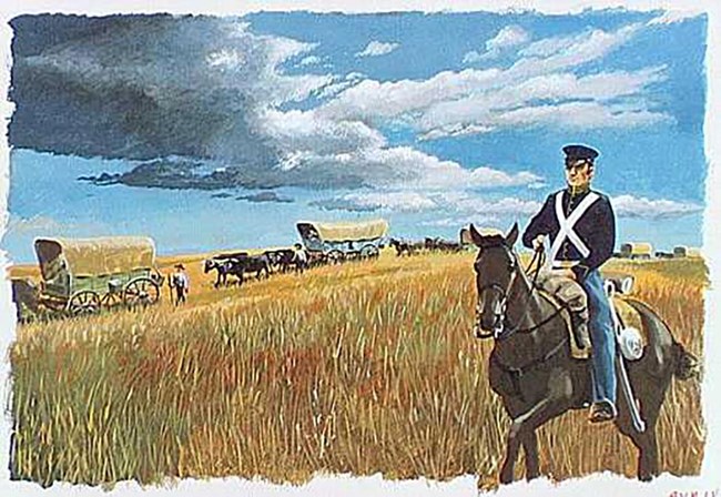 Dragoon Soldier on Horseback alongside Caravan of Covered Wagons