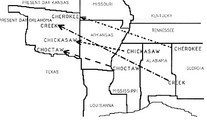 Map with arrows showing migration patterns of Native Americans who were moved from the area east of the Mississippi River. Arrows show movement from current day Georgia, Alabama, and Mississippi to Oklahoma.