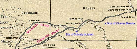 Map of the Santa Fe Trail with the Snively and Chavez incidents marked on it.
