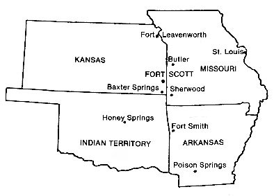 Map showing location of battles where 1st Kansas fought