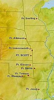 Map showing forts along the frontier from Minnesota to Louisisana
