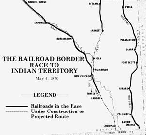 map showing different railroads to Indian Territory