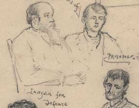 detail of late 19th century sketch of Fort Smith courtroom showing lawyers and prisoner