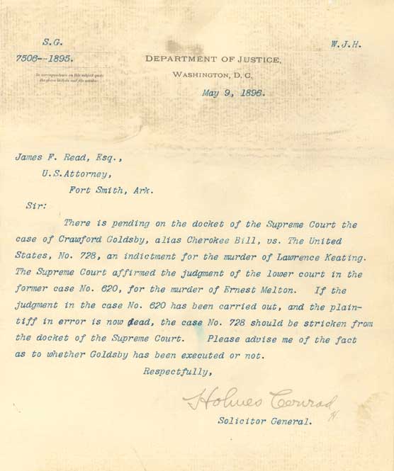 Typed letter on Department of Justice letterhead dated May 9, 1896, with handwritten signature, Holmes Conrad, Solicitor General.