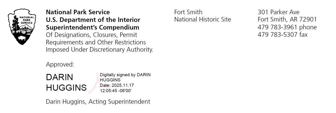 Fort Smith NHS Superintendent's Compendium header with Darin Huggins's Signature, dated 11/17/25.