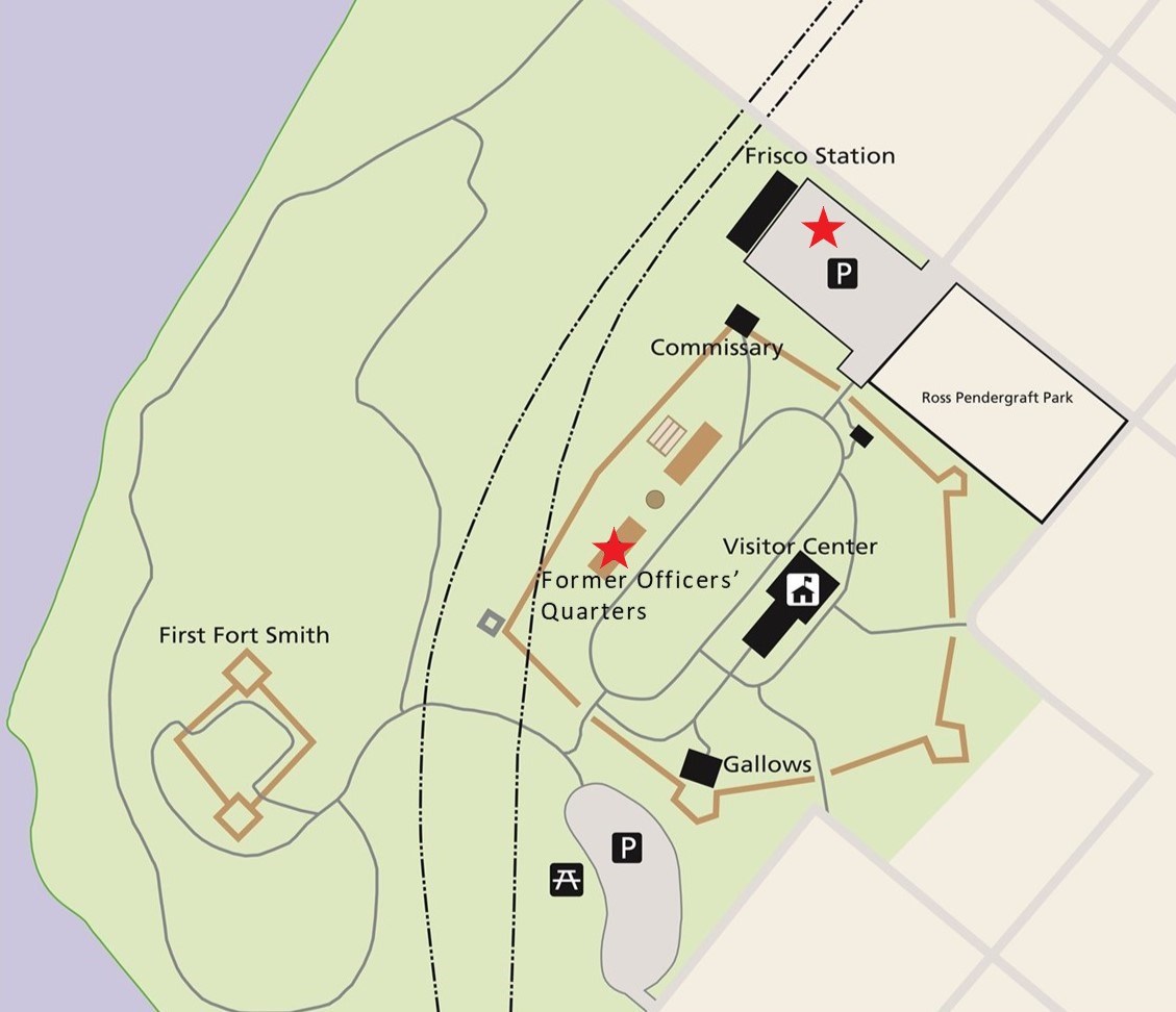 A map of the Fort Smith NHS grounds marking First Amendment Activity locations with red star. The Frisco Station parking lot is located in the upper left corner. The Former Officers' Quarters is located to the left of the Visitor Center.