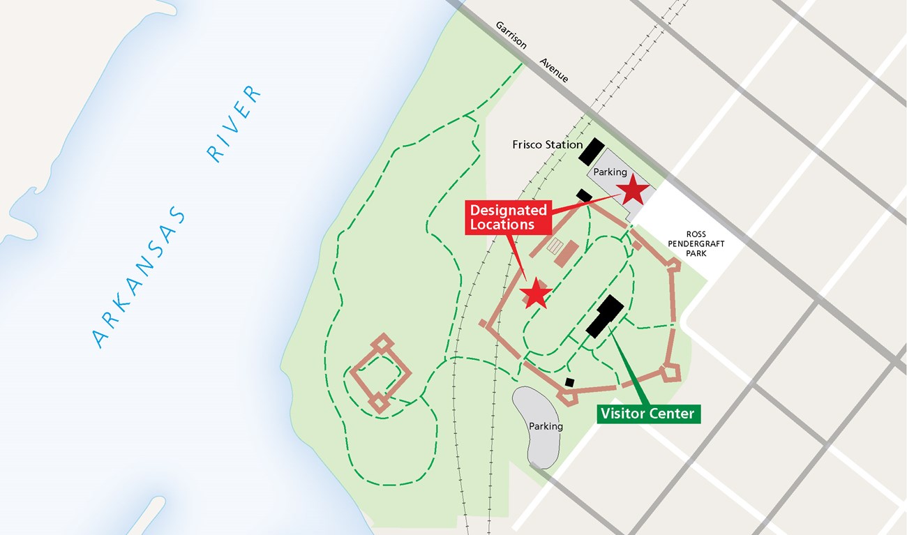 Map of Fort Smith NHS in green, with red stars and callout box reading "Designated Locations" over SW Officers' Quarters pad and Frisco parking lot. Visitor Center callout box in green.