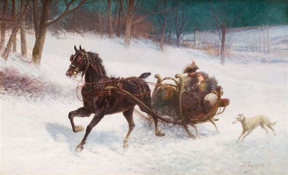 Against a backdrop of baren trees, a true “one horse open sleigh” glides along a snowy field pulled by a black horse as a man and woman snuggle close inside. A white dog keeps pace beside the sleigh.
