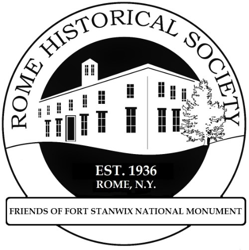 A black and white circular image with an older building in it.  "Rome Historical Society. Est. 1936"