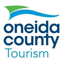 In a colorful font "Oneida County Tourism" with a minimalist line drawing of the sun behind it.