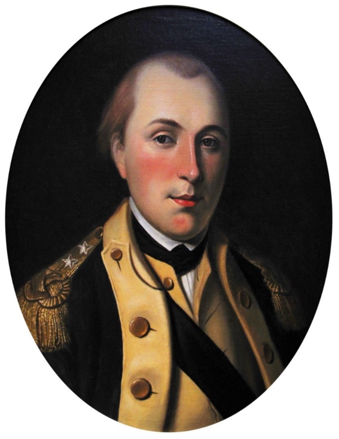 A portrait of a young man in uniform, with close-cropped brown hair and evidence of a receding hairline. He wears a fine white shirt and a black neckerchief or stock around his neck. 