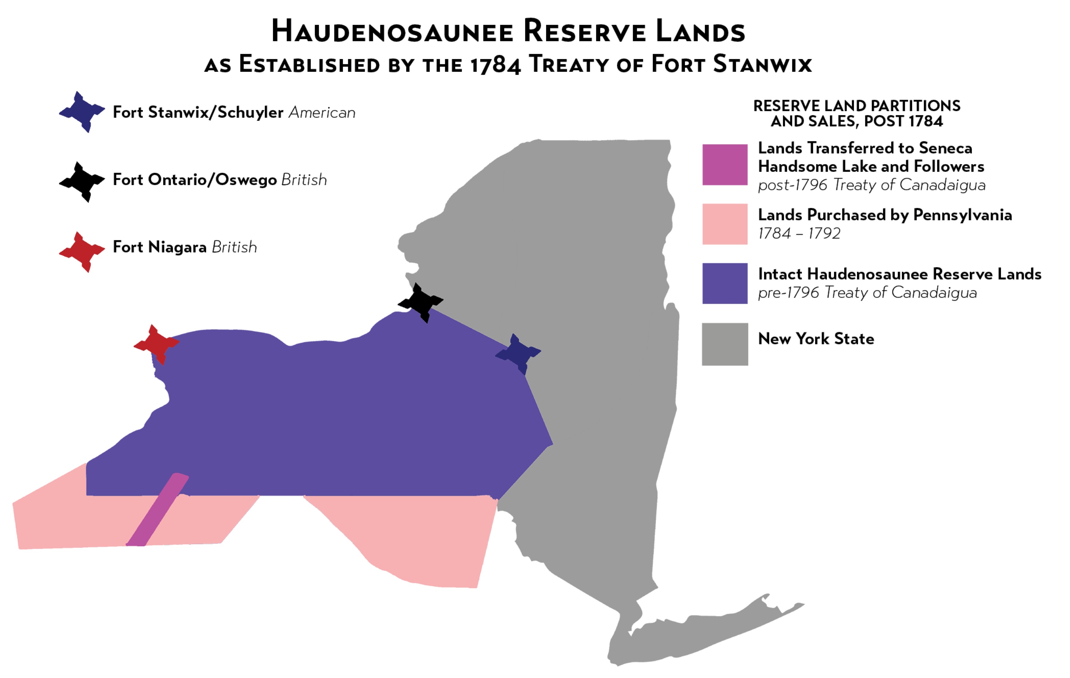 A map of modern New York State, with large swaths of land on the western end blocked out.