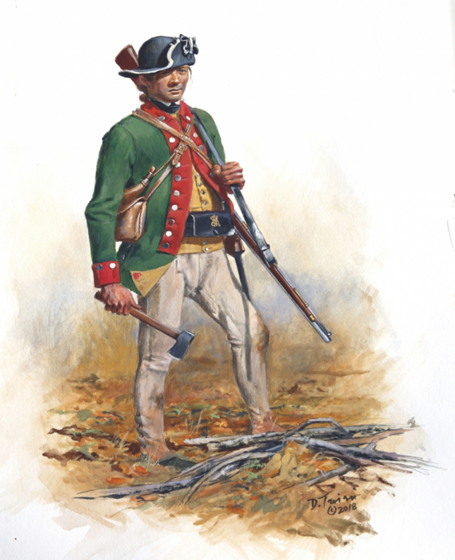 He wears well-worn white overalls, a buff-colored vest and a dark green coat with red collar, cuffs and lapels. He wears a black round hat with white trim on his head. He has a musket slung over his left shoulder and carries a belt axe in his right hand.