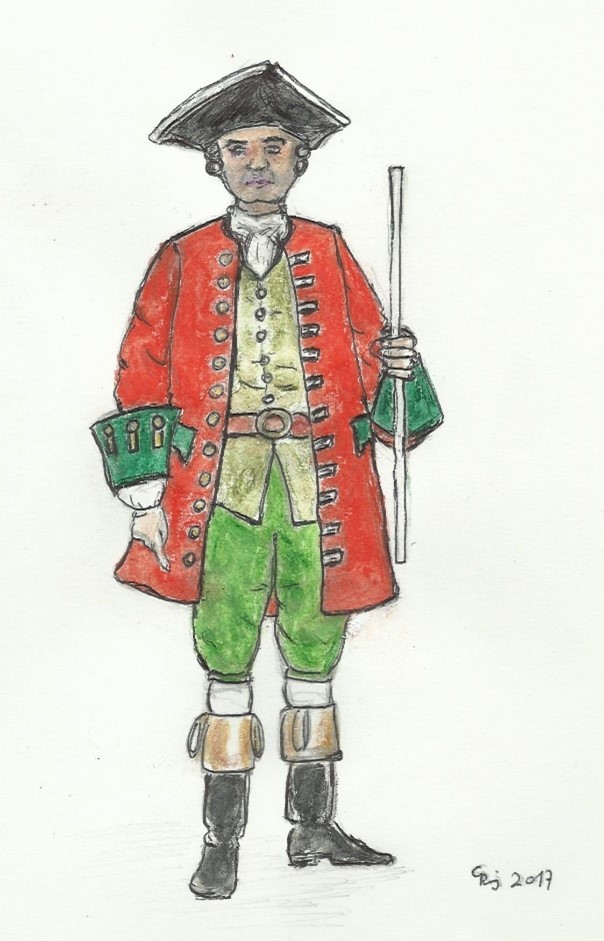 This modern depiction of a New York Sheriff comes from the description of a French prisoner in 1760. According to the prisoner, a white staff or rod was the only  “badge” carried by an English sheriff.