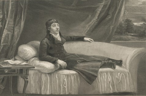 An engraving of a man reclined on a chaise.