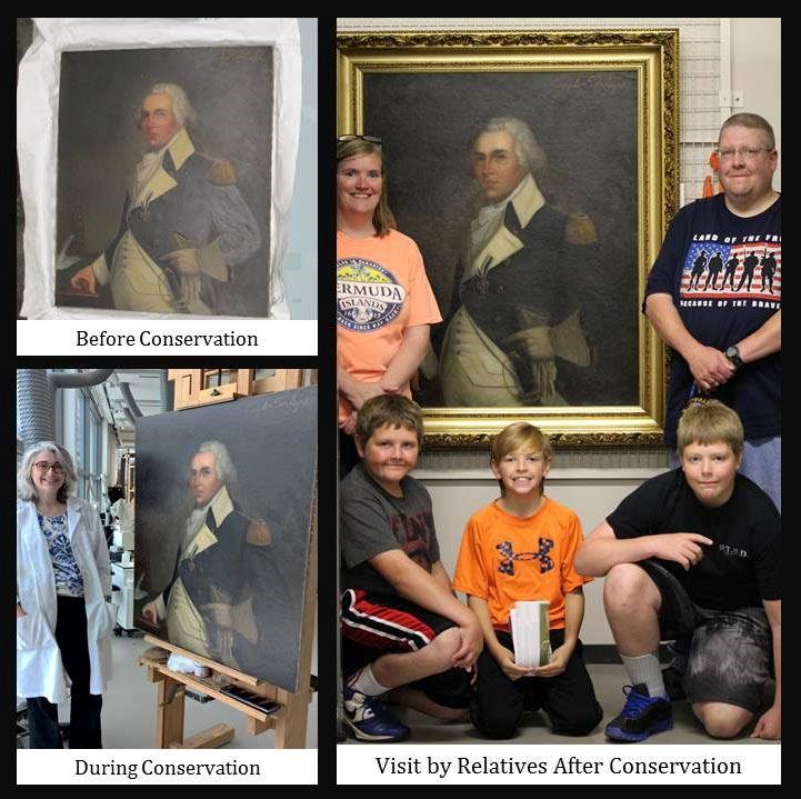 A collage of pictures including a woman in a white lab coat smiling next to a portrait of Gansevoort, and a small family standing near it.