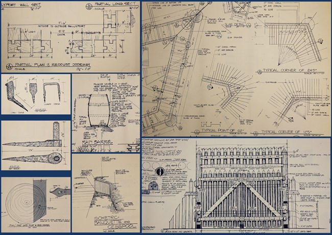 Several images of blueprint plans detailing various components of Fort Stanwix, including the angles of the faises, the measurements of staples, and the design and dimensions of the gate.
