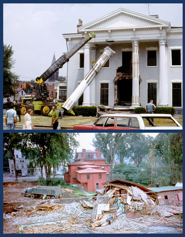 A crane removes a large pillar from the front of the American Legion as a few people stand in the foreground watching. A picture below shows a demolished building next to a standing building with a large dump truck nearby.